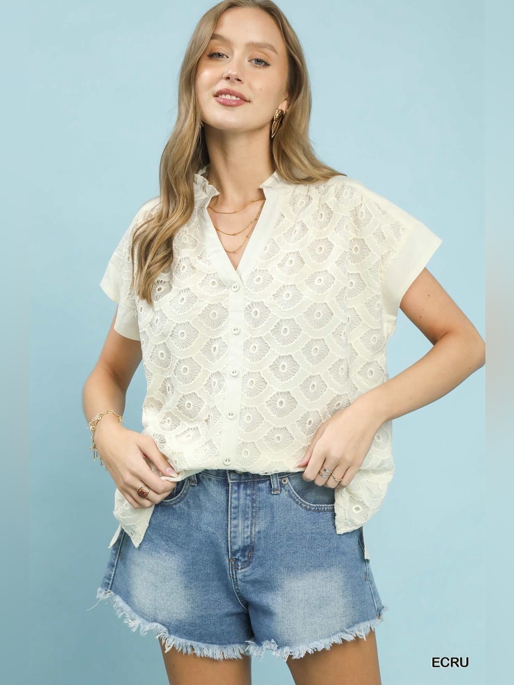 Umgee Lace Button-Front Top - Picture 1 of 7